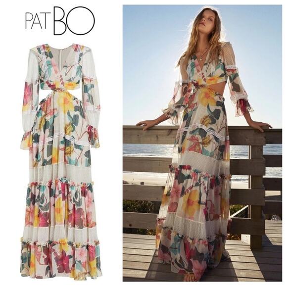 PatBO Hibiscus Lace Trim Long Sleeve Vanilla Cutout Maxi Dress Size 0 - Picture 3 of 16